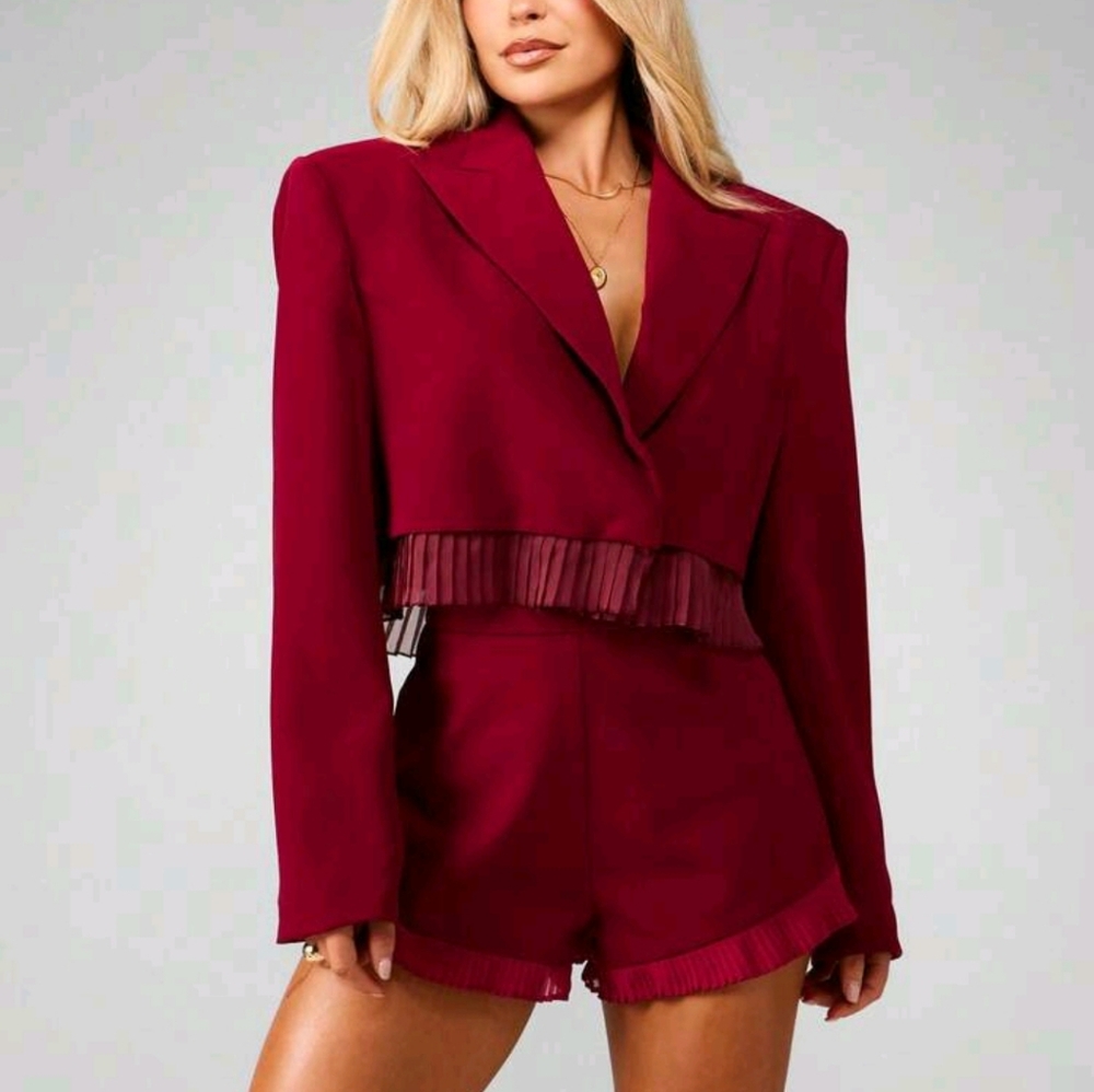 Christmas Burgundy Shoulder Pad Oversized Cropped Blazer With Pleated Details